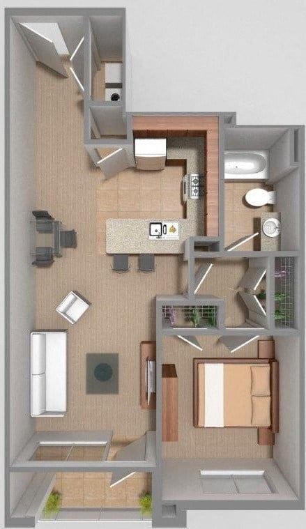 Floor plan for 1 bed, 1 bath, 762 sqft